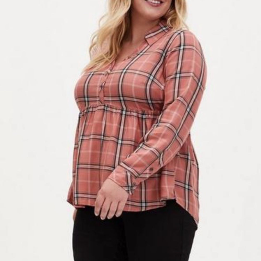 Torrid Coral Pink Plaid Peplum Rayon Twill Button Front Top 3X